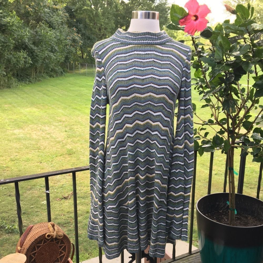 Free People ZigZag Chevron Knitted Multicolor Green Flare Sleeve Sweater Dress - Picture 2 of 10